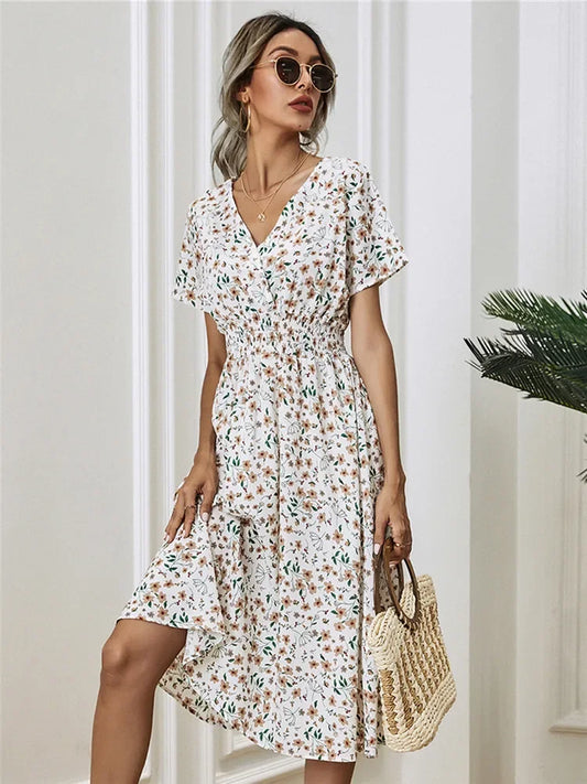 Floral Chic Short Sleeve Women’s Fashionable Long Midi Dress WHITE / S