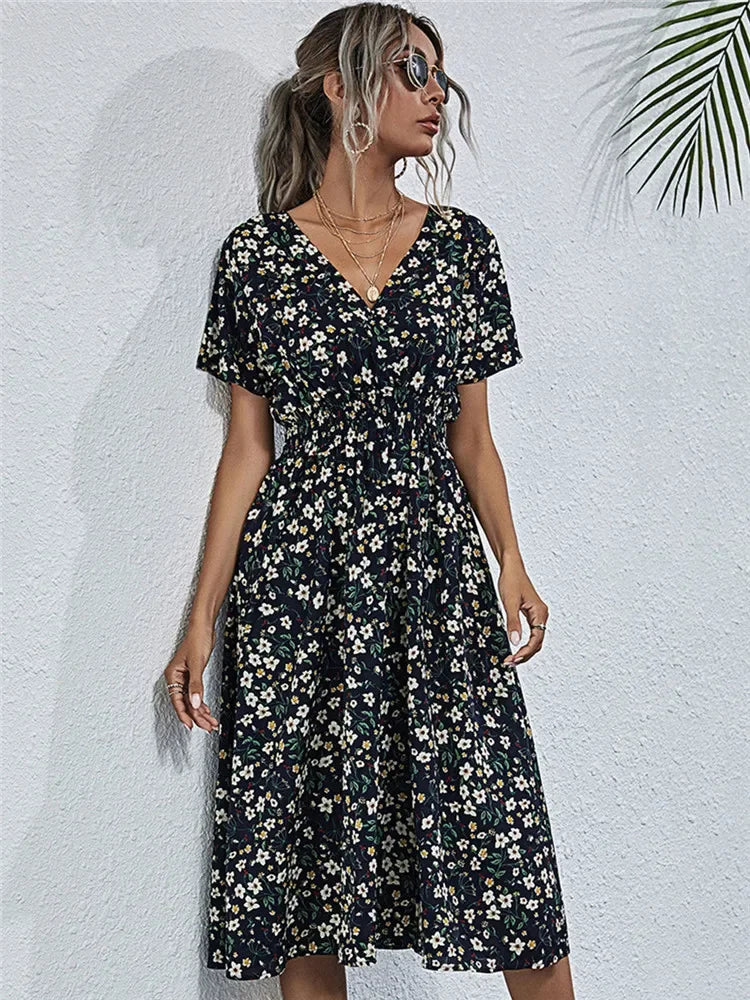 Floral Chic Short Sleeve Women’s Fashionable Long Midi Dress BLACK / S