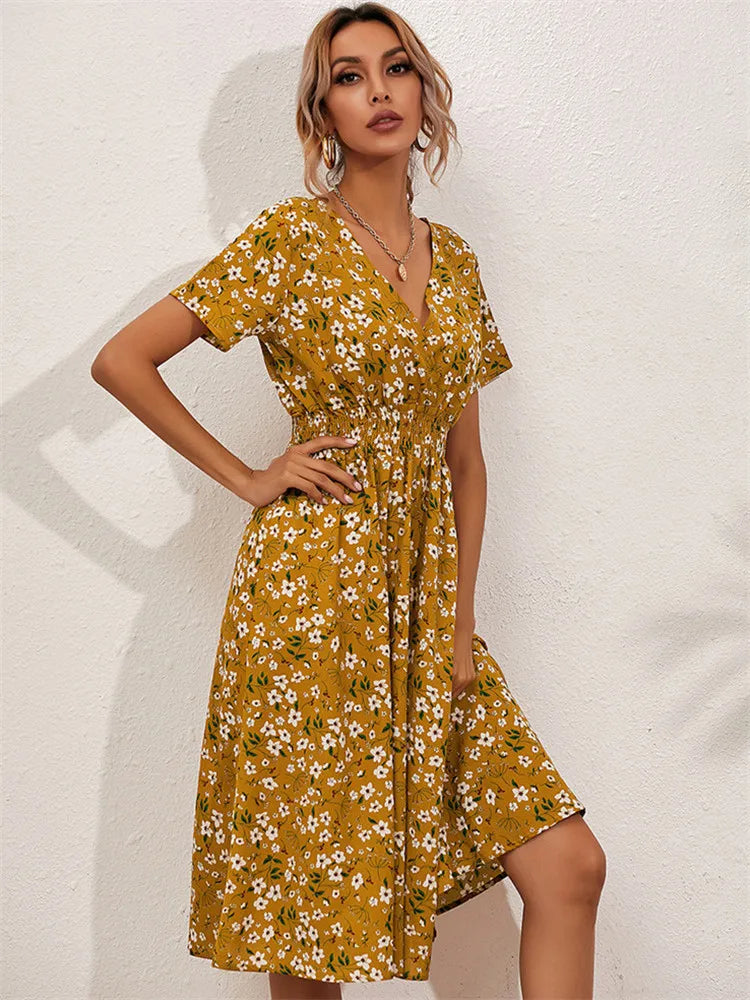 Floral Chic Short Sleeve Women’s Fashionable Long Midi Dress