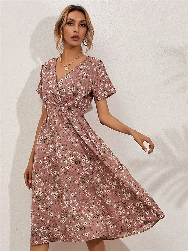 Floral Chic Short Sleeve Women’s Fashionable Long Midi Dress PINK / S