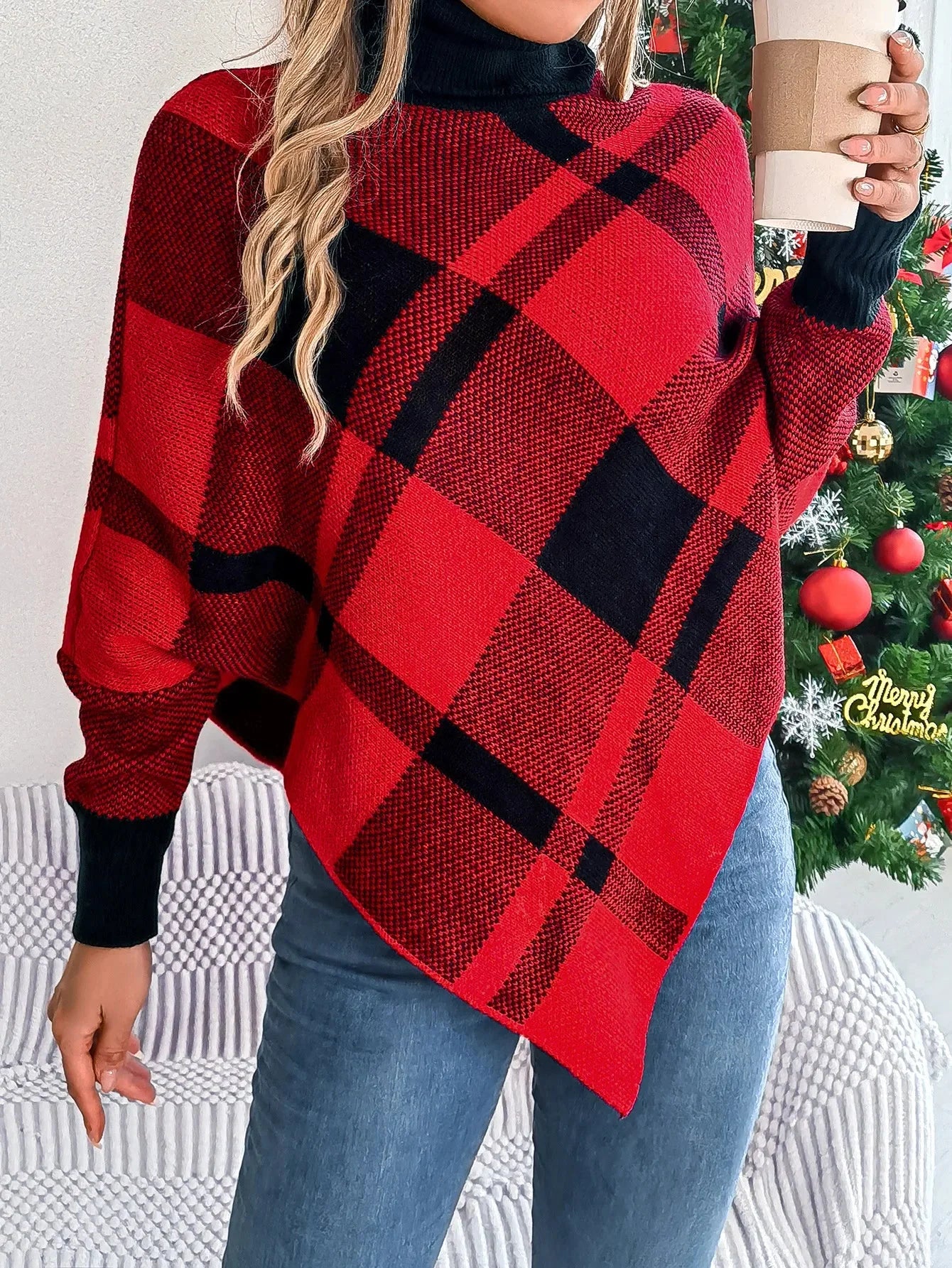 Fashionable Elegant Casual Color Contrasting High Collar Long Sleeve Christmas Sweater Red / S