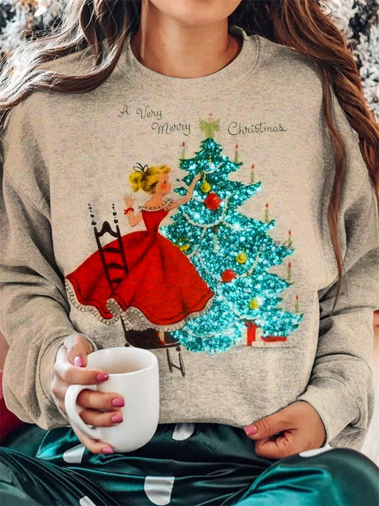 Casual Loose Round Neck Christmas Tree Hoodie for Autumn/Winter Outdoor Wear