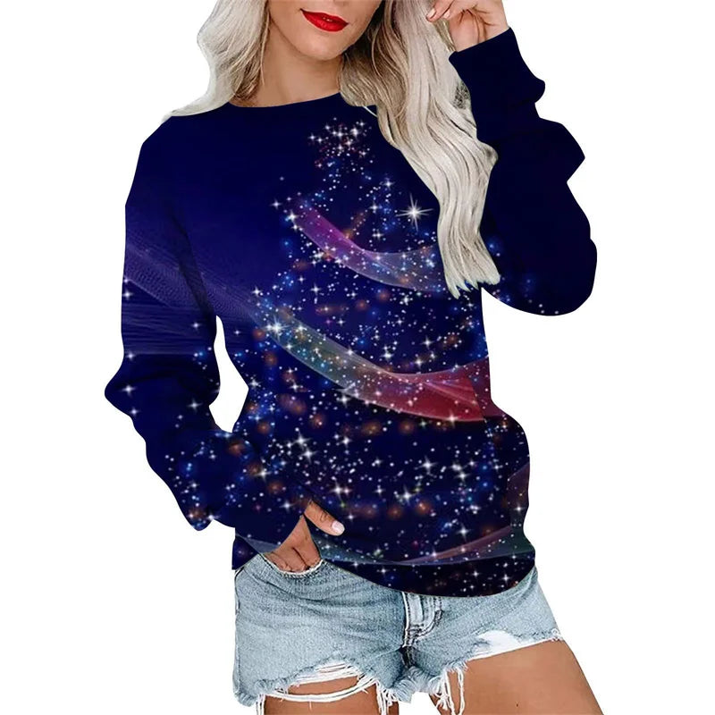 Elegant Casual Loose Round Neck Outdoor Autumn Winter Christmas Tree Hoodie Blue 1 / Xxs Hoodies-L