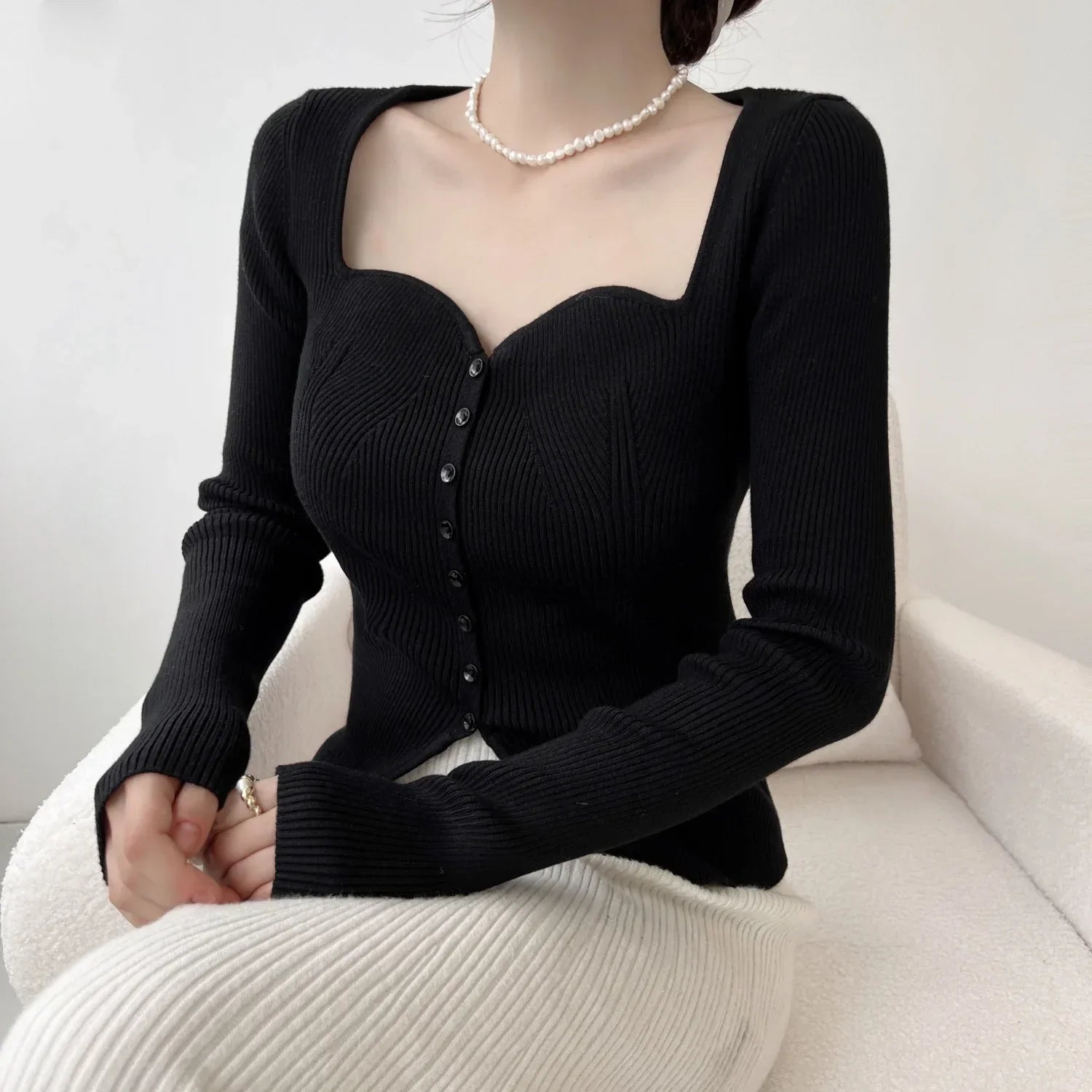 Vintage Long Sleeve Square Collar Slim Fashion Red Christmas Sweater Sweaters-L