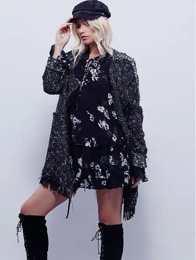 FashionSierra-Flare  Long Sleeve  Chic  2017  Rayon  Black Floral Print  Vintage  Short  Loose Boho Dress