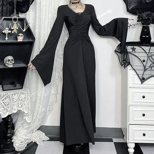 Wide Sleeve Sorceress Plunging Neckline Full-Length Gown