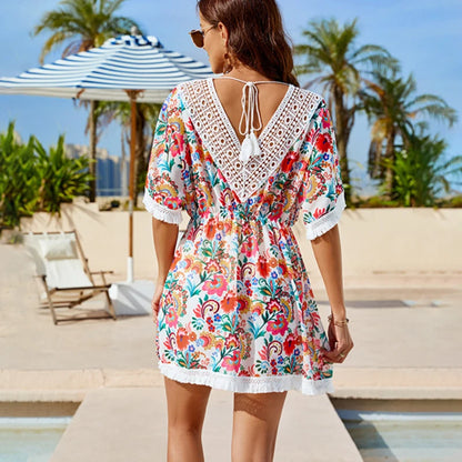 FashionSierra-Floral Printed  Splicing Lace  Beach Cover-up  Women  Robe  Sexy  Elastic Waist  Summer  Mini  Casual  Bikini Robe Boho Dress