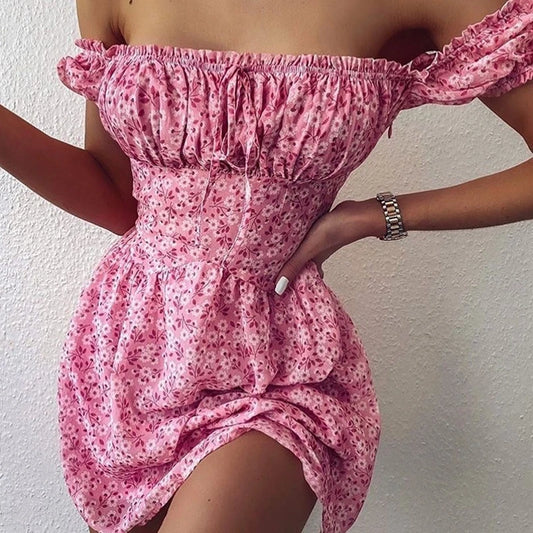 FashionSierra - 2024 Elegant Off-Shoulder Floral Mini Dress Boho Dress