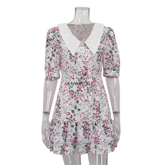 Floral Dress High Grade French Short Sleeve Collared Waist Tight Slimming Tea Break A line Dress