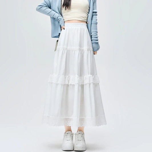 French Style Lace Stitching White Long Women Spring Summer New Fashion High Waist A-line Pleated Woman Casual Skirt