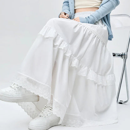 French Style Lace Stitching White Long Women Spring Summer New Fashion High Waist A-line Pleated Woman Casual Skirt