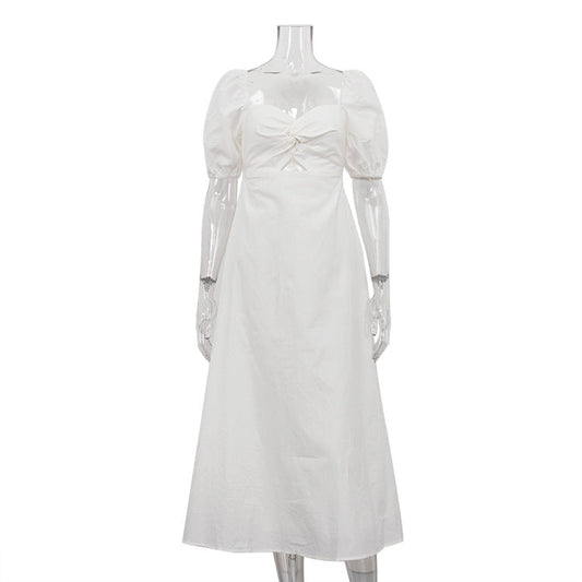 French Design Square Collar Slimming Puff Sleeve A Line Dress White Dress