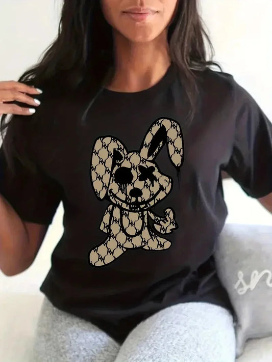 Rabbit Print T-Shirt Crew Neck Short Sleeve T-Shirt