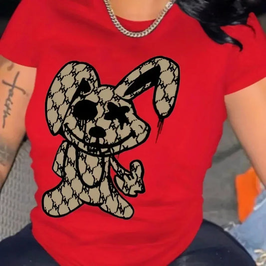 Rabbit Print T-Shirt Crew Neck Short Sleeve T-Shirt