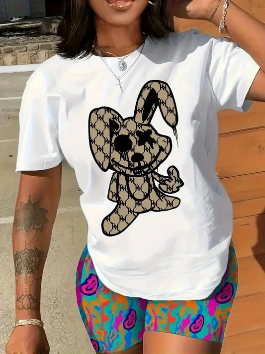 Rabbit Print T-Shirt Crew Neck Short Sleeve T-Shirt