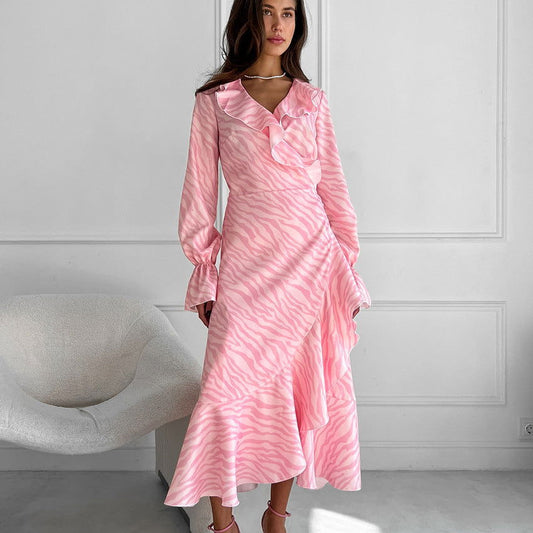 Gentle Pink Elegant Ruffled V Neck Flared Sleeves Fishtail Dress Lace Up Maxi Dress