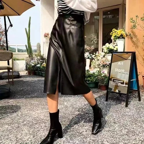 Genuine Leather Fashionable Versatile Mid-Length Skirt Bottom