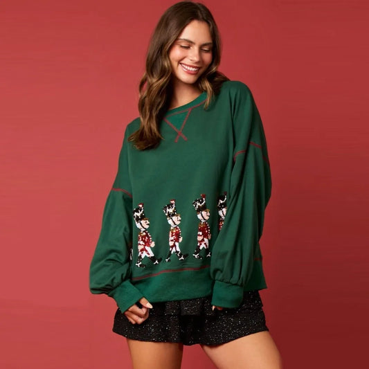 Stylish Glitter Patchwork Vintage Harajuku Long Sleeve Christmas Hoodie Dark Green / S Hoodies-L