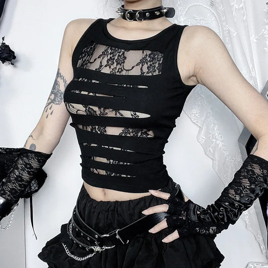 Dark Cut Out Sexy Grunge Punk Mall Gothic Splice Lace Techwear Bodycon Crop Top