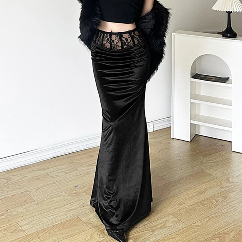 Goth Dark Elegant Mall Gothic Velvet Trumpet Y2k Partywear Lace Patchwork Sexy Long Skirt