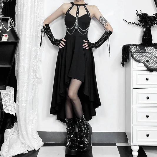 Chains Ornament Halter Swing Midi Dress Black / S