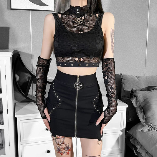 Goth Dark Skull Fishnet Aesthetic Top