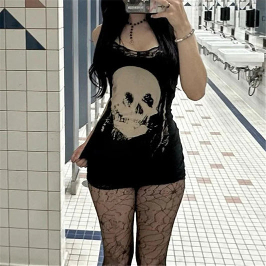 Skull Print Straps Tiny Dress Black / S