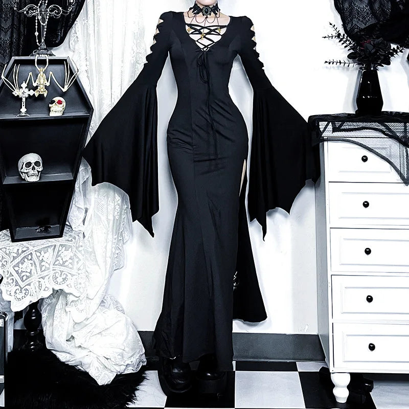 Empty Out Batwing Sleeve Full-Length Dress Black / S