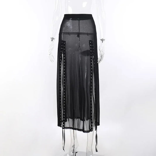 Goth Mesh Perspective Side Slit Lace Up Dark Aesthetical Summer Skirt