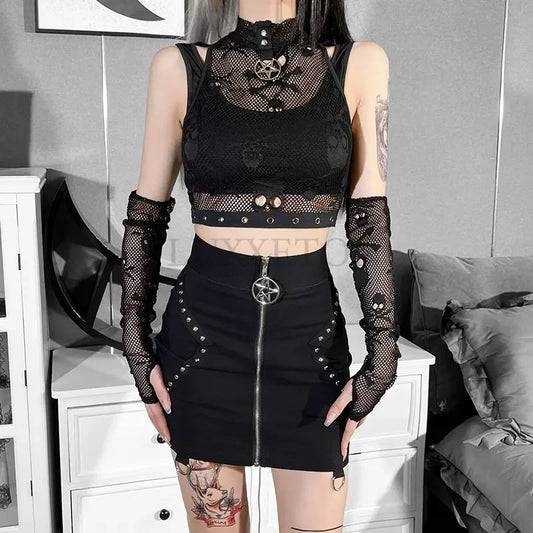 Goth Skull Fishnet Grunge Aesthetic Top