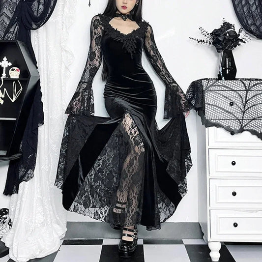 Dark Lace Trumpet Slim Midi Dress