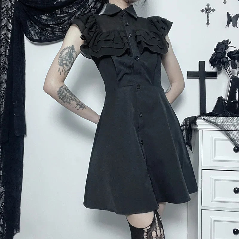 Gothic Mall Harajuku E-Girl Dress Mesh Patchwork Black Slim A-Line Sexy Party Grunge Aesthetic Streetwear Dress