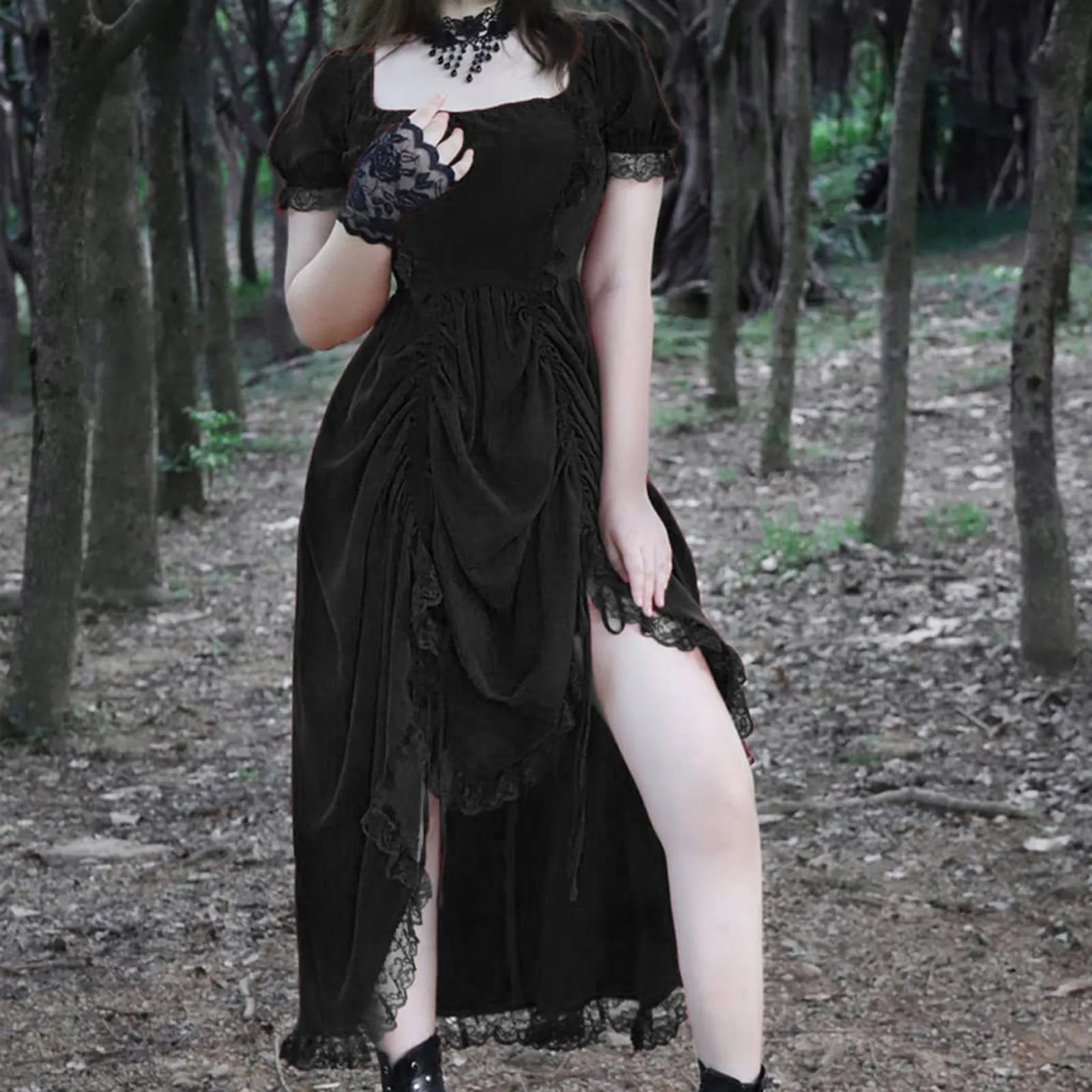Ancient Lace Stitching Vintage Midi Dress Black / S