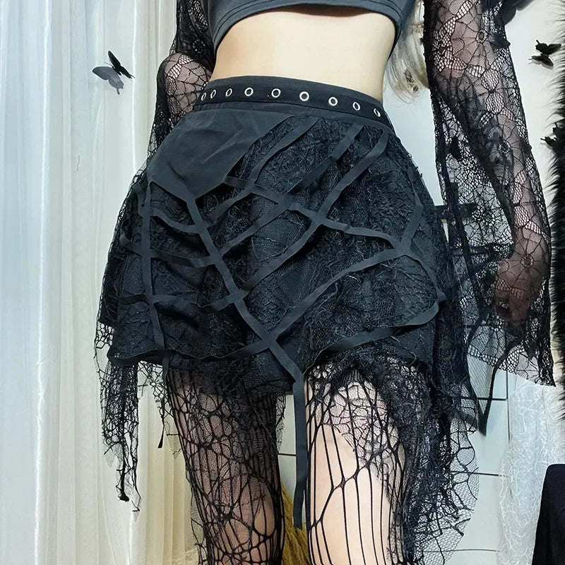 Gothic Mini Y2K Harajuku Spider Web Patchwork Lace Tassel Dark Academy Street Woman With Belt Fairy Grunge Skirt