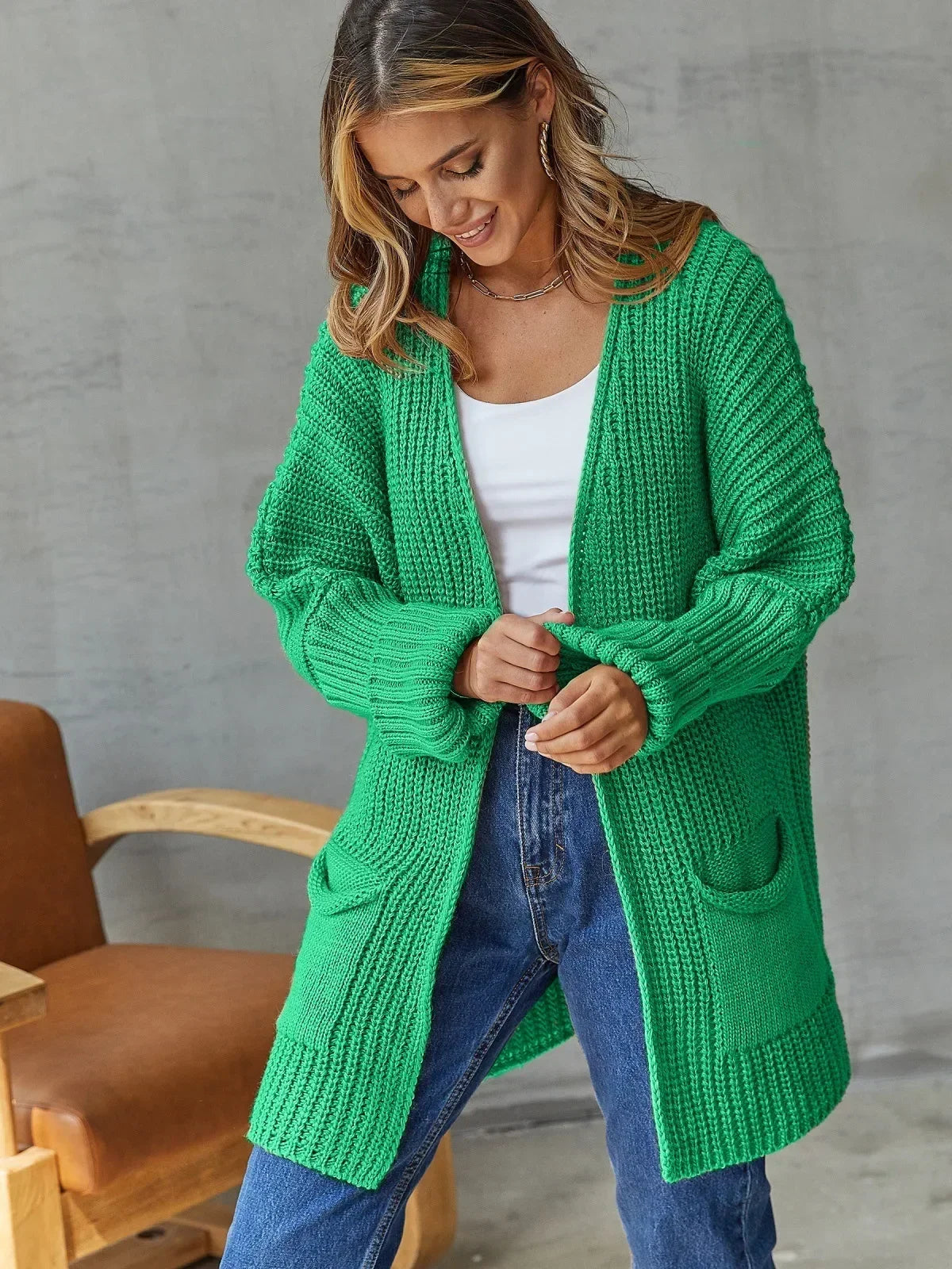 Cardigan Knit Sweater Women Spring Autumn Winter Sweater Heart Pocket Loose Maxi Coat