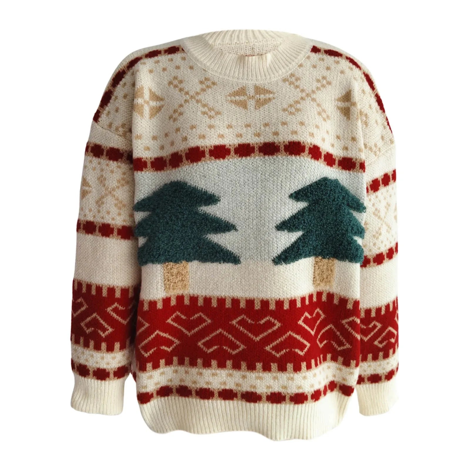 Fashion Tree Embroidery Casual Loose Retro Green Christmas Sweater Sweaters-L