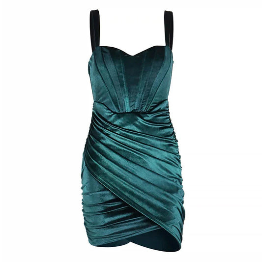 Green Velvet Corsets Party Mini Dress - Spaghetti Strap Bodycon Christmas Party Dress