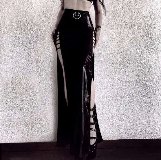 Faux Leather Hollow Out Skirt Black / S