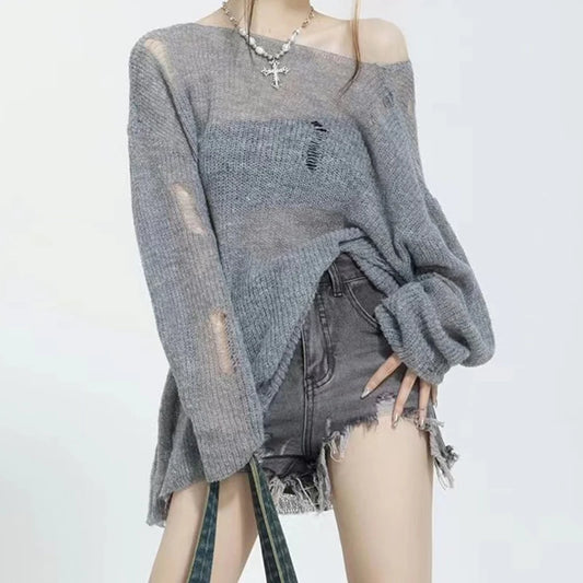 Hollow Out Sexy Knitted Hole Long Sleeve Casual Sweater