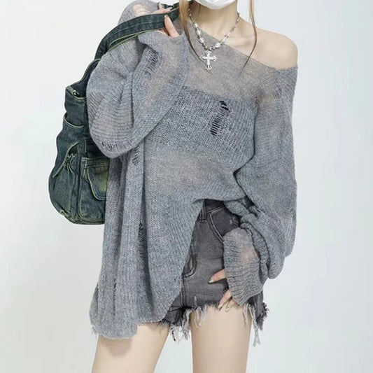 Hollow Out Sexy Knitted Hole Long Sleeve Casual Sweater