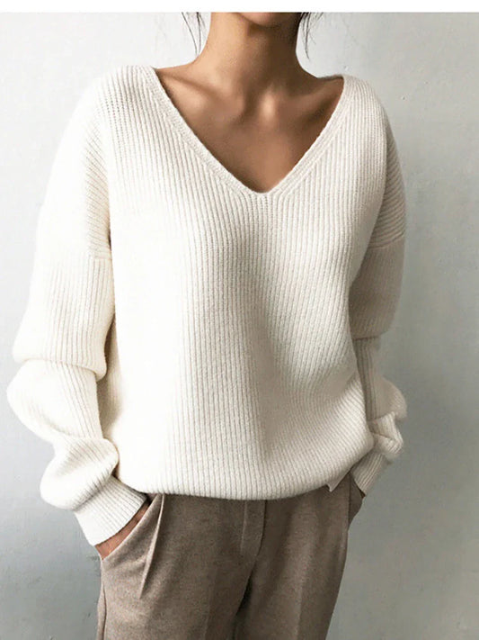 FashionSierra - V-Neck Pullovers Knitted Long Sleeve Fleece Jumpers Soft Warm Casual Winter Sweater