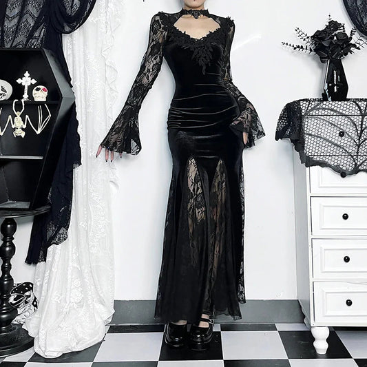 Delicate Fishtail Hollow V-neck Midi Dress Black / S