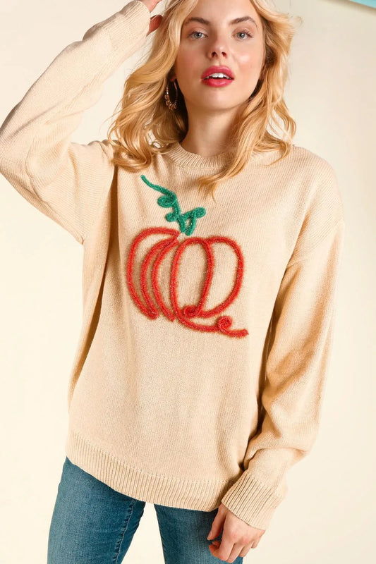 Halloween Pumpkin Pattern Embroidered Women's Pullovers Apricot Fashion Autumn Winter Sweater