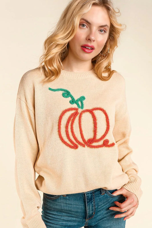 Halloween Pumpkin Pattern Embroidered Women's Pullovers Apricot Fashion Autumn Winter Sweater