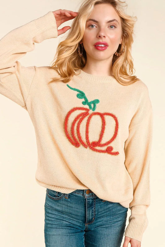 Halloween Pumpkin Pattern Embroidered Women's Pullovers Apricot Fashion Autumn Winter Sweater