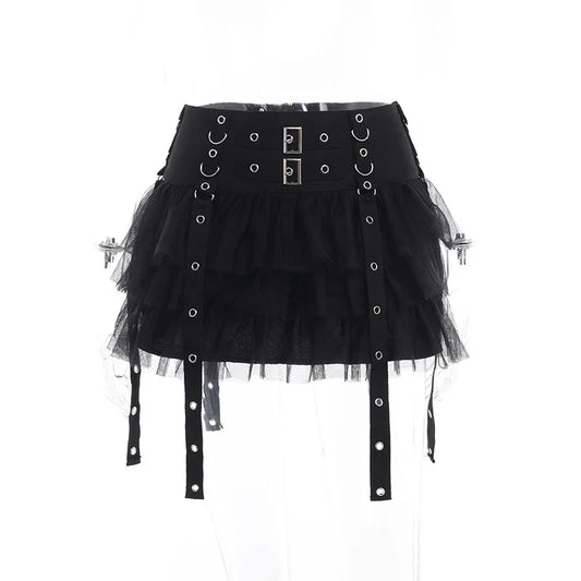 Harajuku Gothic Dark Women CyberY2k E-girl Streetwear Hip Hop Eyelet Ribbons Mesh Patchwork Cake Skirt