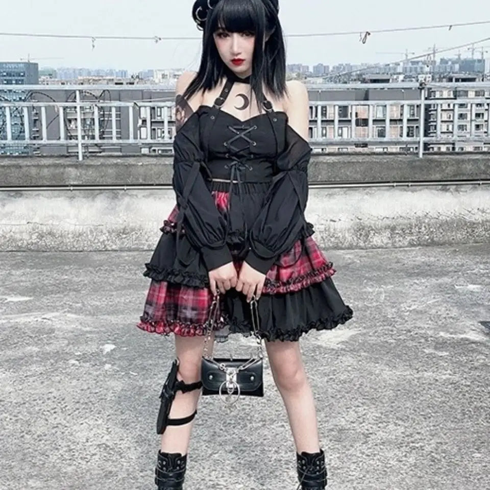 Harajuku Two-dimensional Dark Petticoat Cosplay Red Plaid Stitching High Waist A-line Spice Girl Rock Skirt