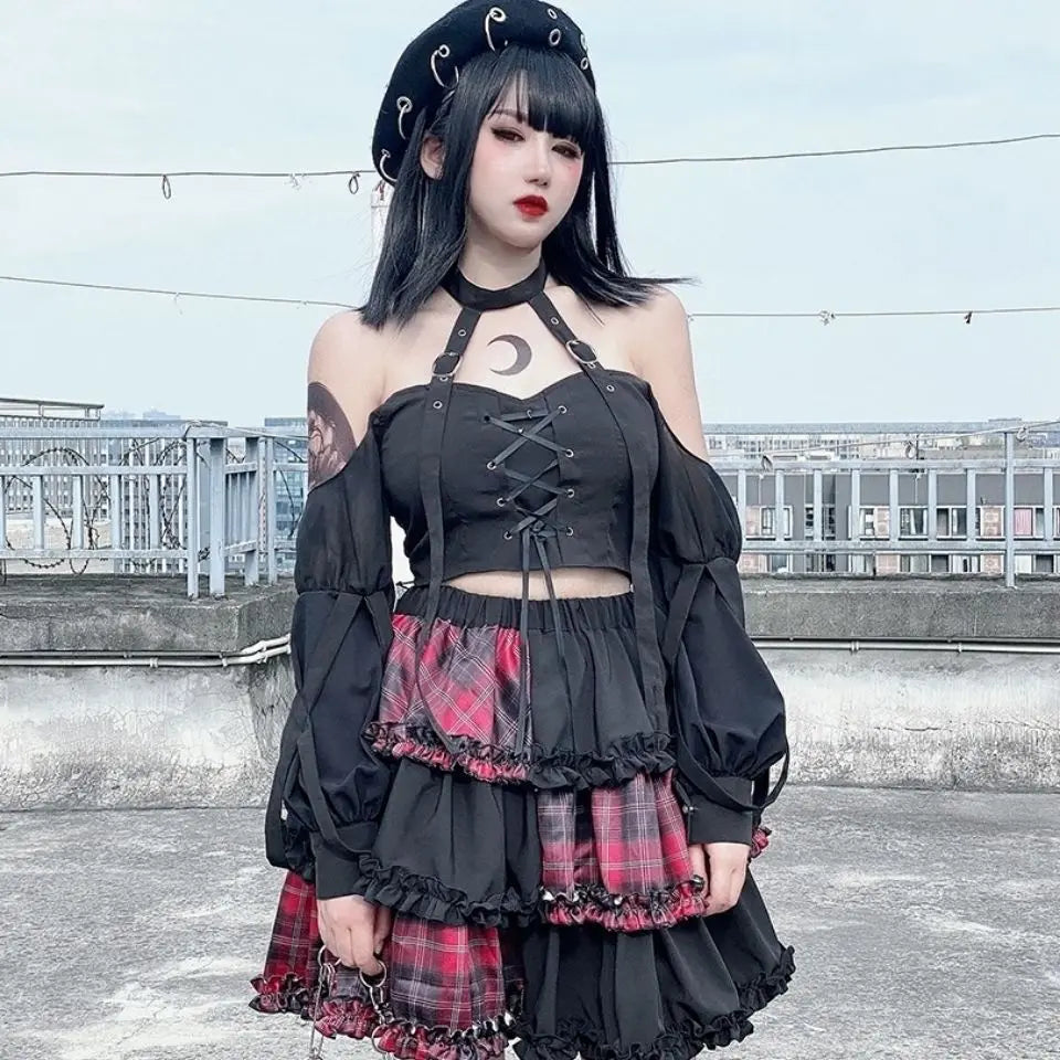 Harajuku Two-dimensional Dark Petticoat Cosplay Red Plaid Stitching High Waist A-line Spice Girl Rock Skirt