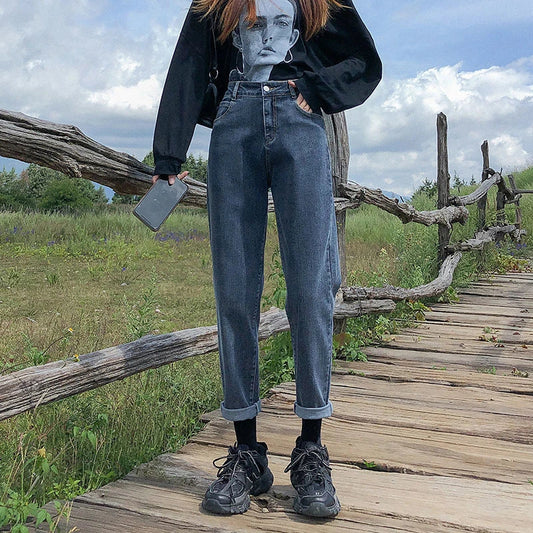 Female Fashion High-waisted Loose Pear-shaped Cover Blue Gray Carrot Jeans