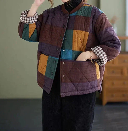 Cotton Linen Plaid Quilted Lightweight Jacket